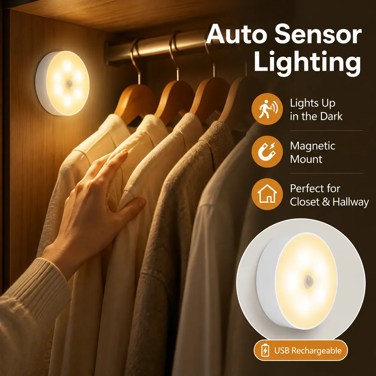 3PCS Rechargeable LED Motion Sensor Light Magnetic Cabinet Night Lamp Wireless Closet Light for Bedroom Kitchen Hallway