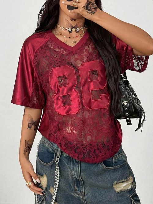 Siren Chic Women Perspective Lace Spliced T-Shirt 2026 New Printed Loose Short Sleeve