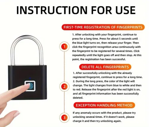 Fingerprint Lock Keyless USB-C Charging Smart Padlock Waterproof Door Lock