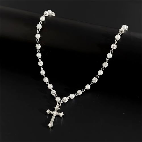Silver-tone pearl and rhinestone cross pendant necklace (unisex)