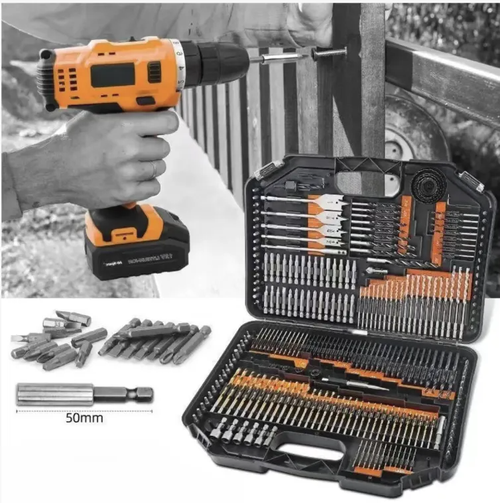 246-piece multi-functional drill bit set, including twist drills, woodworking flat drills, cement drills and screw bits, suitable for drilling through various materials such as wood, metal and cement. It covers all specifications, featuring high hardness materials that are durable. The hard tool box provides organized storage. It is an all-in-one cost-effective tool set for home decoration DIY and maintenance workers.