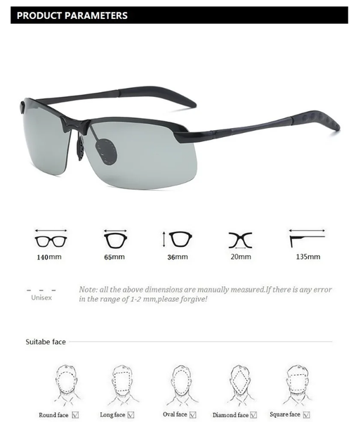 Photochromic Polarized Sunglasses Driving Fishing Chameleon Glasses Change Color Sun Glasses Day Night Vision UV400 Eyewear