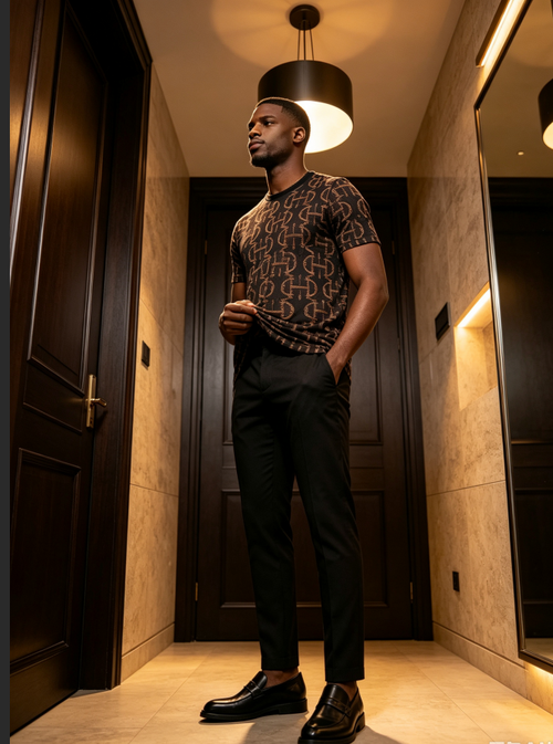 Men Breathable Ice Silk  Black‑Brown Geometric Print T‑Shirt