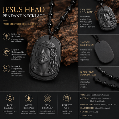 Obsidian Vintage Religious Jesus Pendant Necklace Men's Prayer Jewelry