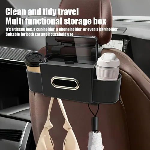 Car Seat Back Multifunctional Storage Box, Car Seat Back Tissue Box, with Water Cup Holder and Phone Holder. 2-in-1 Storage Rack