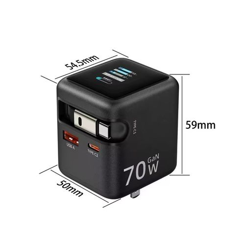 3 IN 1 GaN Charger with Retractable Cable 70W PD3.0 QC4.0 PPS 2 Type-C Travel Fast Charger