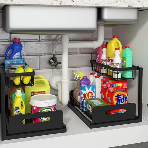 2-Tier Sliding Under Sink Organizer, Rustproof Metal Storage Rack for Kitchen & Bathroom Cabinet
