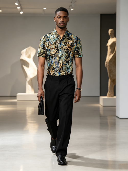Black gold blue floral shirt