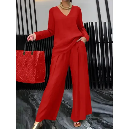 New Pant Sets Fashionable V-neck Top+ Long Pants 2 Piece Set 2026 Women's Casual Loose Outfit Two Pieces Set Female Suit