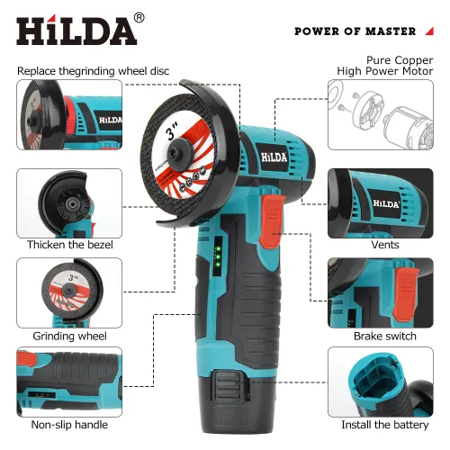 HILDA 12v Mini Angle Grinder Car Repair Brush Motor Rechargeable For Cutting Diamond Cordless Power Tool Polishing And Grinding
