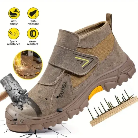 Safety shoes, labor protection shoes, impact-resistant, puncture-resistant, spark-resistant, steel-lined, rubber-soled, round-toed, mid-tube, Velcro, flat-bottomed, welder construction site, four seasons brown