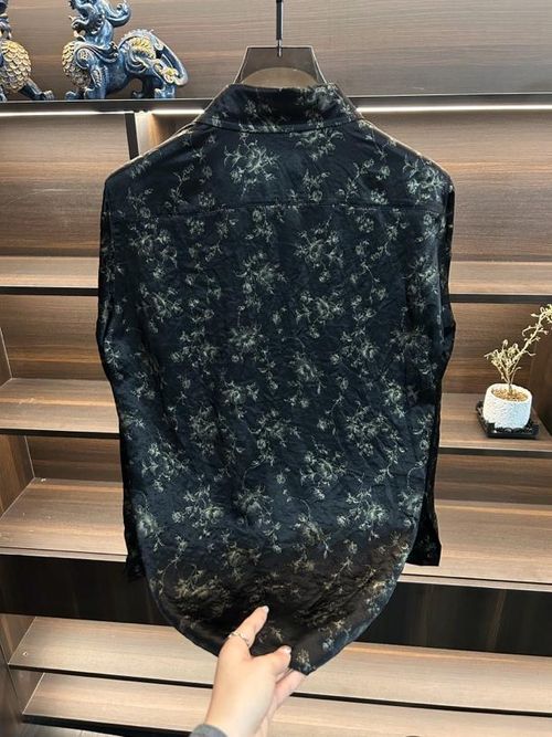 Trendy Printed Black and White Acetate Long-Sleeve Shirt with Collar