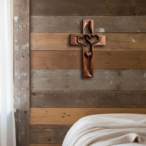 Handcarved Wood Cross with Intertwined Hearts Wall Hanging Carved Cross Hand Made Art Decor Grift for Wedding Valentine's Day
