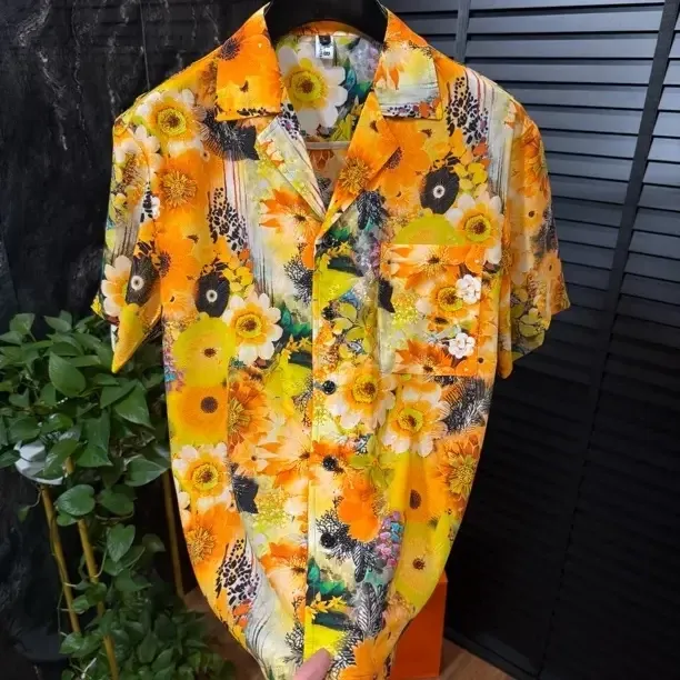 Sunflower-print retro Cuban-collar shirt
