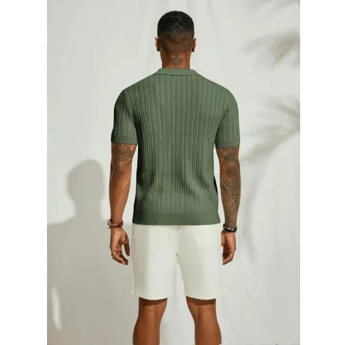 Summer Short Sleeve Men's Polo Shirts Fashion Solid Striped Loose Cardigan Turn Down Collar Shirt Male Casual Knitted Polos Top