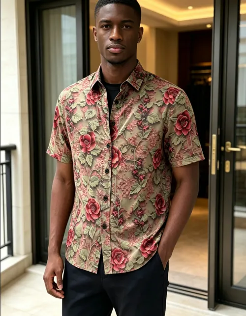 Sophisticated Vintage Rose Floral Short Sleeve Shirt