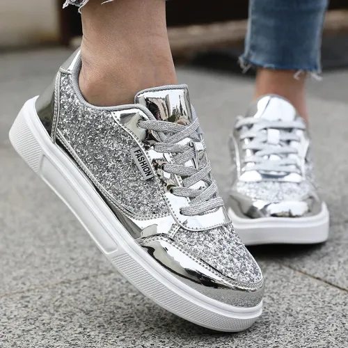Fashionable Casual Sports Shoes Walking Gold Flat Vulcanized Shoes Lace up anti slip training sports shoes