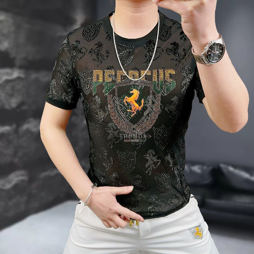 Men Premium Mesh Rhinestone Embellished Short Sleeve T-Shirt