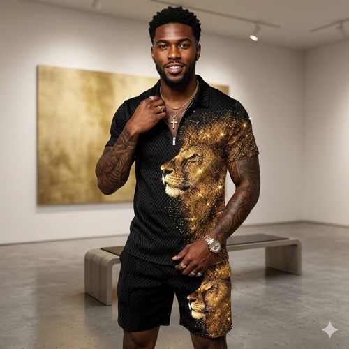 Men's Printed Polo Shirt Set — Collared, Short-Sleeve, Pullover Casual T-Shirt