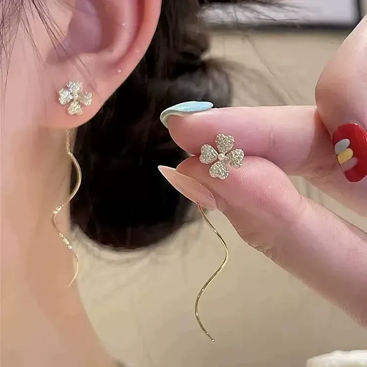 Threader Dangle Earrings Flower Tassel Drop Earring for Women Bride Sister