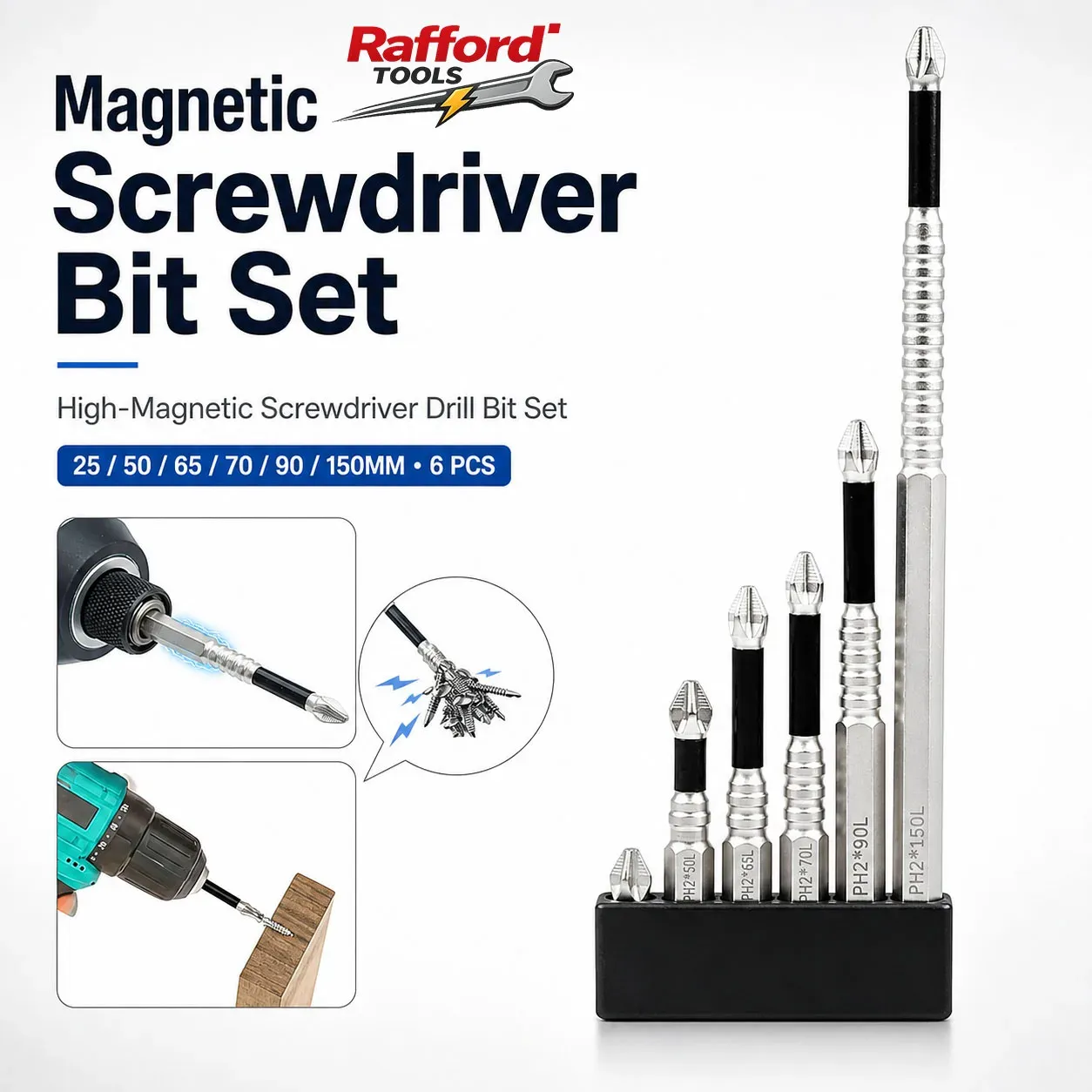 6PCS Rafford  Magnetic PH2 Screwdriver Bit Set  Anti-Slip Drill Bits  Hex Shank for Electric Drill