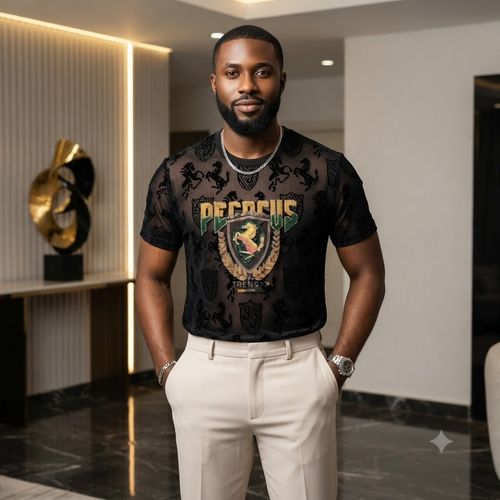 Men's Short-Sleeve Crew-Neck T-Shirt with Warhorse Motif, Iridescent Crystals, and Flocked Jacquard Detail