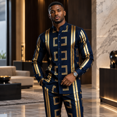 Men's Plus Size Shiny 3D Print Casual Business Long Sleeve Long Pants Set Fashionable Comfortable