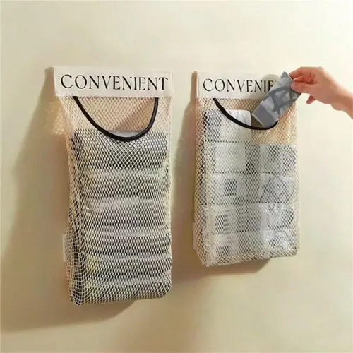 Hanging Mesh Storage Bag, Large-Capacity Wall-Mounted Organizer For Storing Kitchen Utensils, Groceries, Plastic Bags.