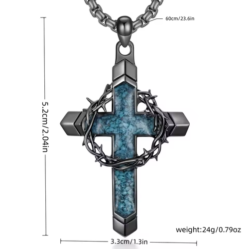 Men's Black Stainless Steel Cross Necklace, Thorn Crown Turquoise Stone Pendant Necklace, Gothic Punk Style Religious Jewelry Gi