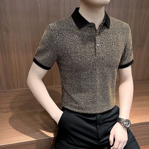 Rhinestone-embellished gold short-sleeved shirt