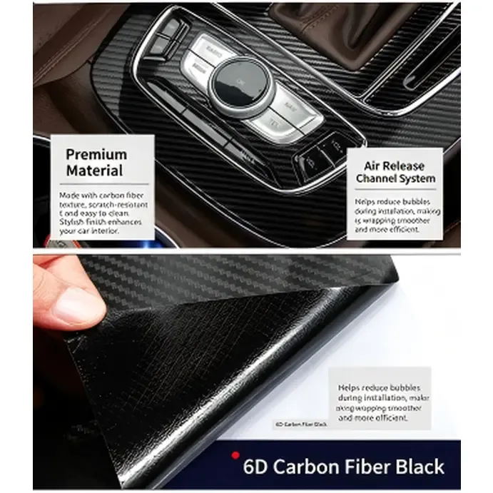 6D Gloss Carbon Fiber Vinyl Wrap Film, Self-Adhesive Car Interior Exterior Trim Decal with Air Release Channels, Waterproof Fade-Resistant Auto Sticker for Dashboard Door Mirror
