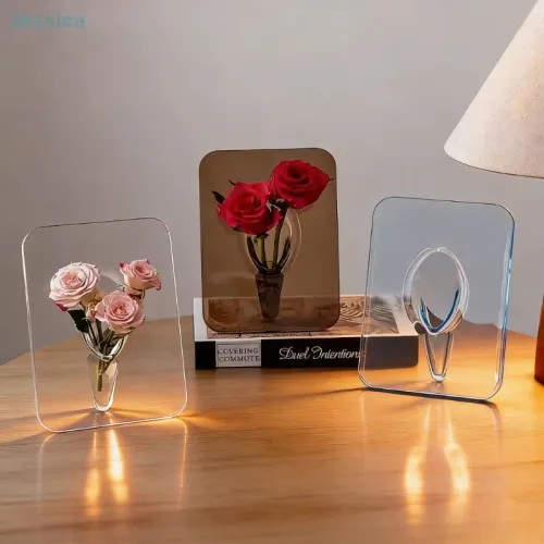 Modern Transparent Acrylic Frame Vase, Decorative Photo Frame Flower Vase for Desktop & Bookshelves Home Decoration