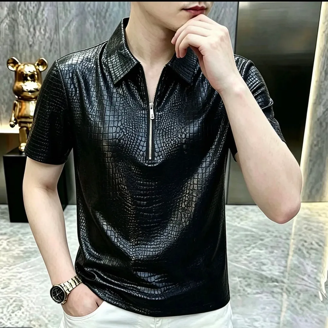 Snake-print sequined T-shirt with zipper detail