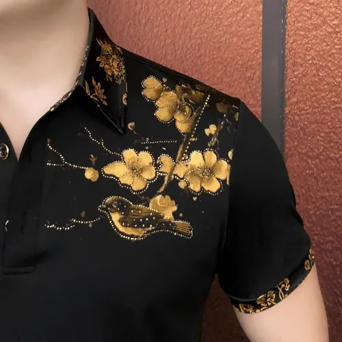 Luxury Flower Embroidered Rhinestone Lapel T-shirt Men Summer Short Sleeve Casual Business POLO Shirts Social Banquet Tshirts