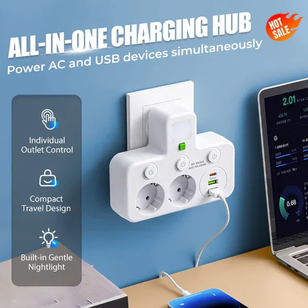 📢📢50% OFF!! ⏰Smart power strip with USB ports Jack*2   USB port*2   Type-C*1