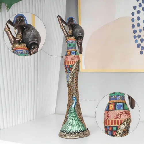 African Woman Statue Tabletop African Woman Figurine Figurine with Peacock Motif Artisanal Female Statue Artistic