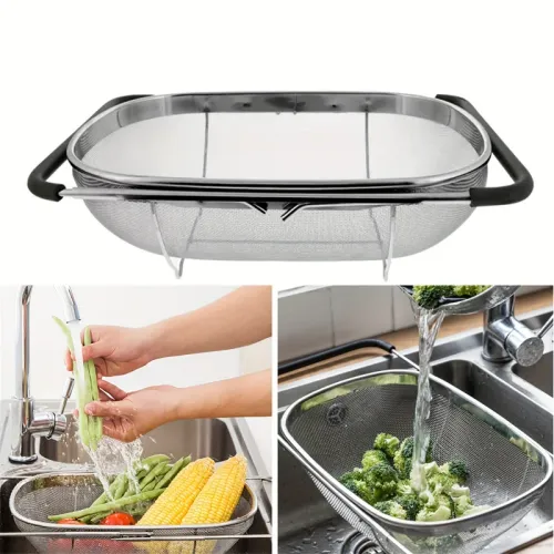 Stainless Steel Retractable Drain Basket Rubber Grip Handles Oval Colander Sink Vegetables Draining Rack Home Storage Basket
