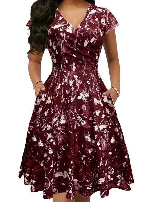 Elegant Fashionable V-neck Printed Short Sleeve Long Dress plus Size Women's Dress Summer 2026 Knitted Floral Street Style