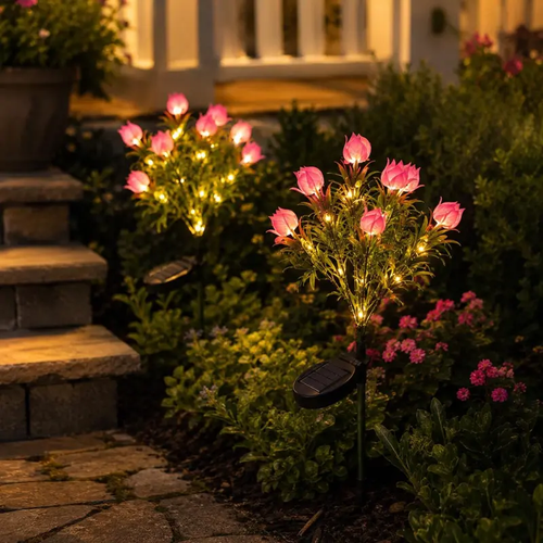 Outdoor Gardenia Accent Lamp, Solar LED Branches with Pink Buds for Garden Borders and Walkways