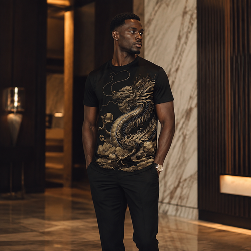 Men's Summer Short-Sleeve Tee with  Dragon Soaring Across the Seas  Print