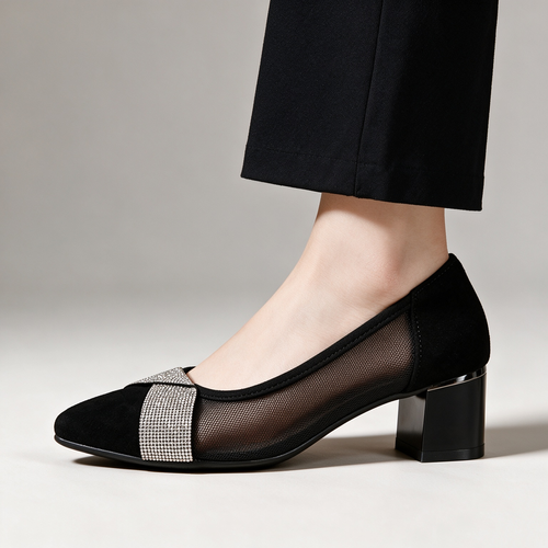 Fashionable soft soled pointed mesh coarse heel sandals
