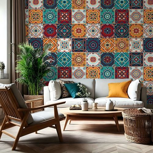 Boho Chic Mosaic Tile Wallpaper Roll Vibrant Floral Geometric Pattern Self-Adhesive Wall Mural for Living Room Accent Wall Decor