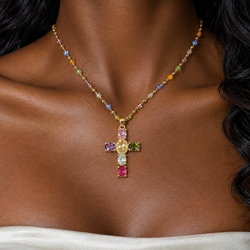 2pcs Fashion Colorful Zircon Cross Pendant Necklace for Women Luxury Crystal Golor Color