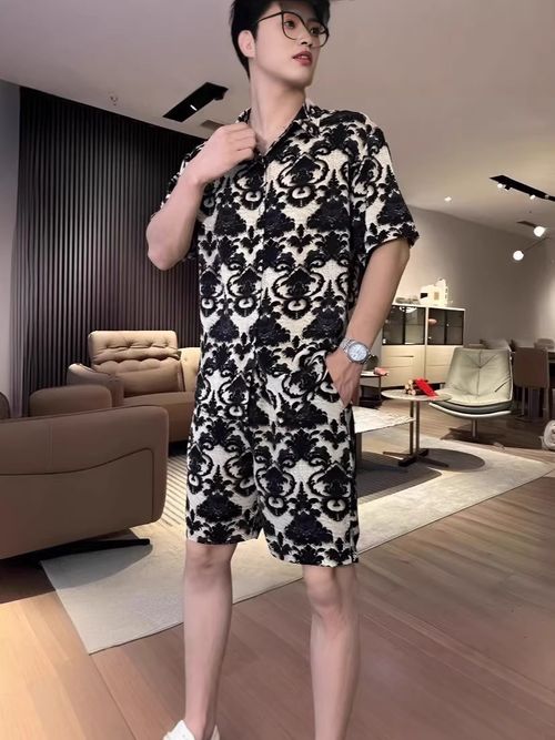 Summer Trendy Thin Leopard Print Short-sleeved Shirt Shorts Suit Men's Fashionable Casual Versatile Two-piece Set
