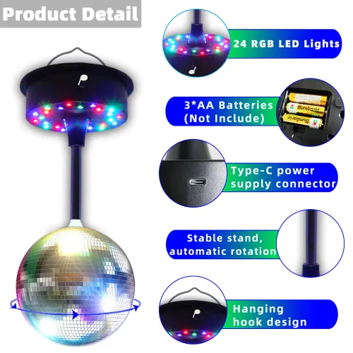 6 Inch Rotating Mirrors Disco Ball Light 5RPM-9RPM Adjustable Rotary Motor Base 24 RGB LED Mood Lights （USB Battery Powered)