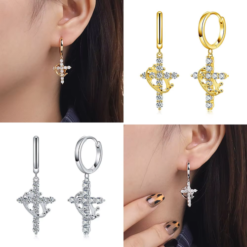 Royal Majesty Crowned Cross Dangle Earrings