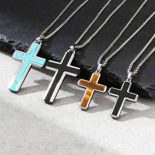 Stylish Men's Natural Black Onyx Cross Necklace,Waterproof Stainless Steel Cross Pendant,Christmas Valentine's Day Gift