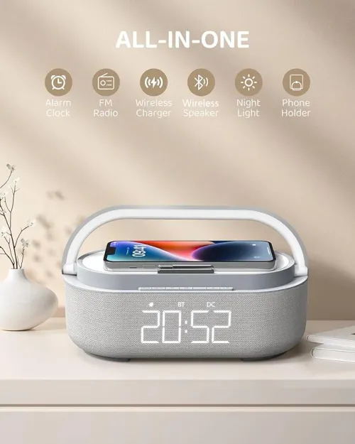 6 IN 1 15W FAST 2500mAh Bluetooth speaker with wireless charger, FM radio, and dimming light