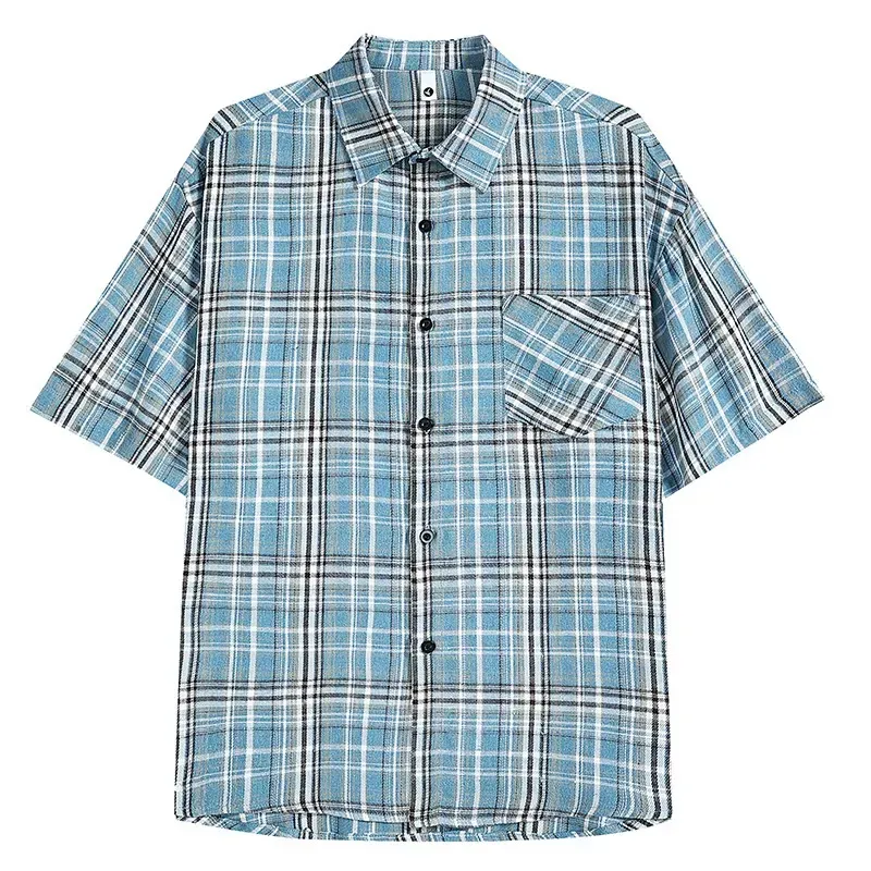 Retro Cleanfit Plaid Short Sleeve Shirt Men Summer Loose Casual Brushed High Street Checkered Shirt Trendy Polyester