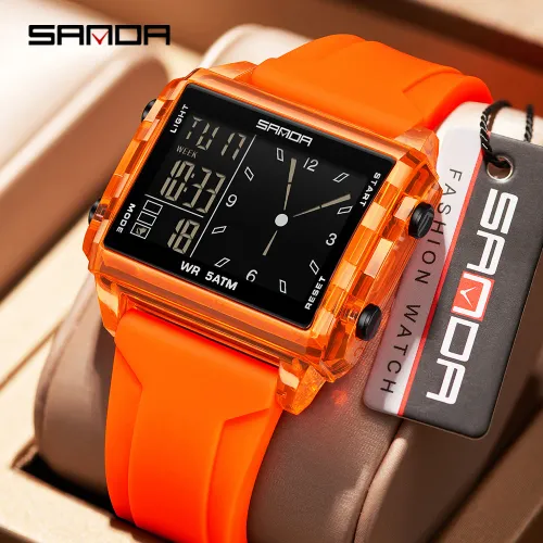Wristwatch Square Dual Time  Electron Analog Watch  Waterproof Count Down Timer Digital World Time